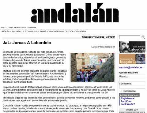 Artículo sobre el homenaje a Labordeta en Andalan